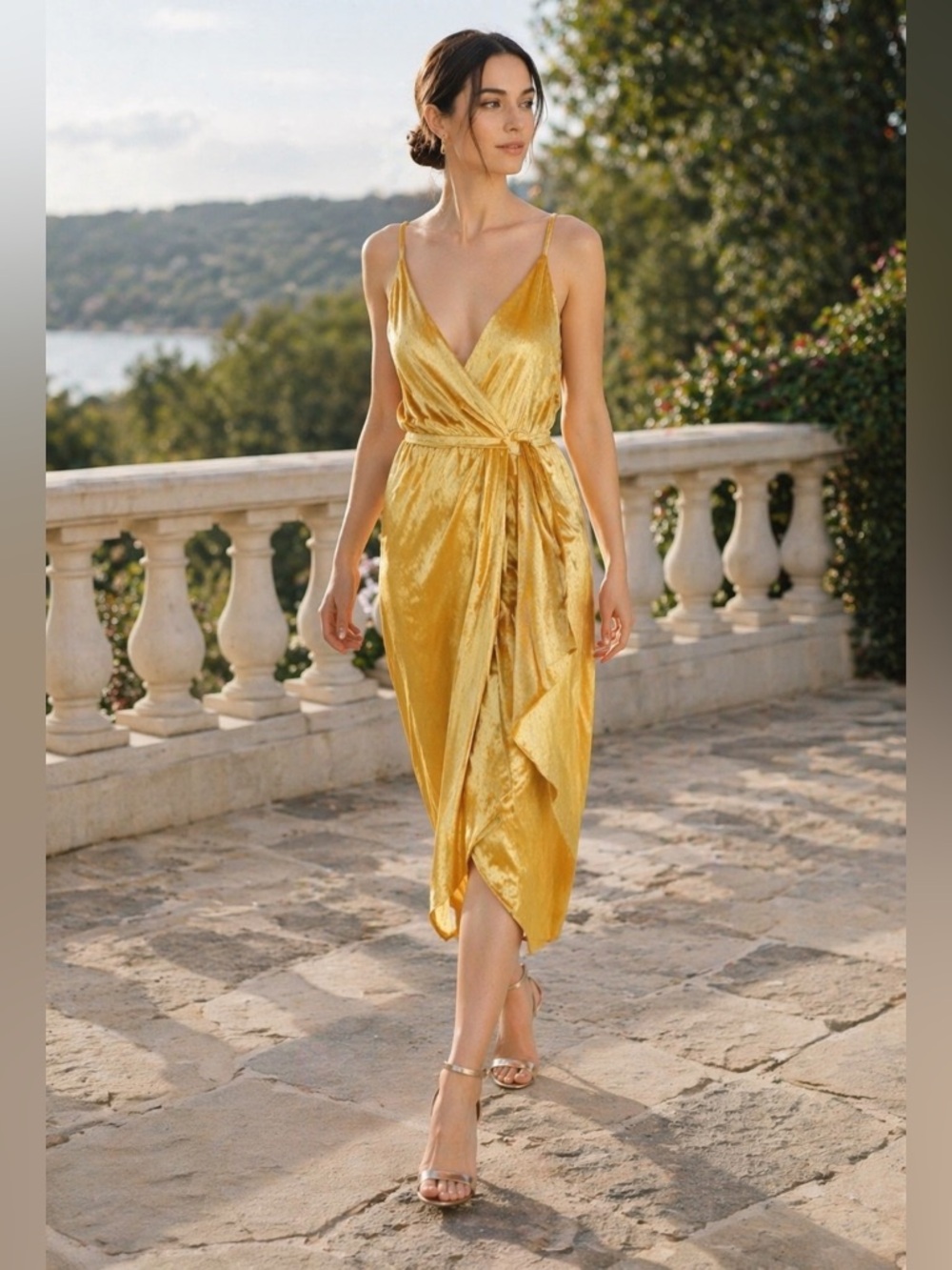 NWT Maria Lucia Hohan Jolie Silk Wrap Midi Dress in Nugget Gold Sz US 4